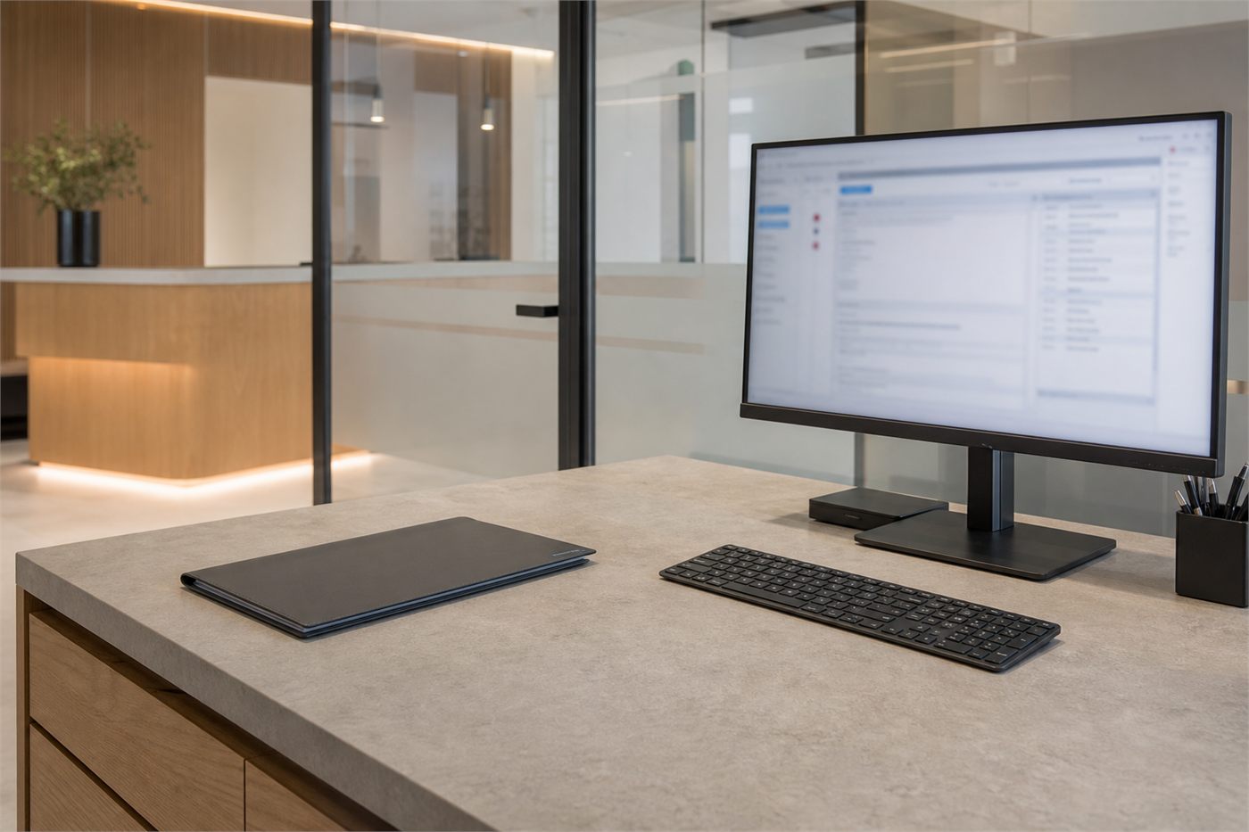 Arbeitsplatz an der Steintheke einer Zahnarztpraxis: Monitor mit geöffneter Abrechnungsübersicht, daneben ein zugeklapptes Notebook, dahinter der Empfang hinter Glastrennwänden