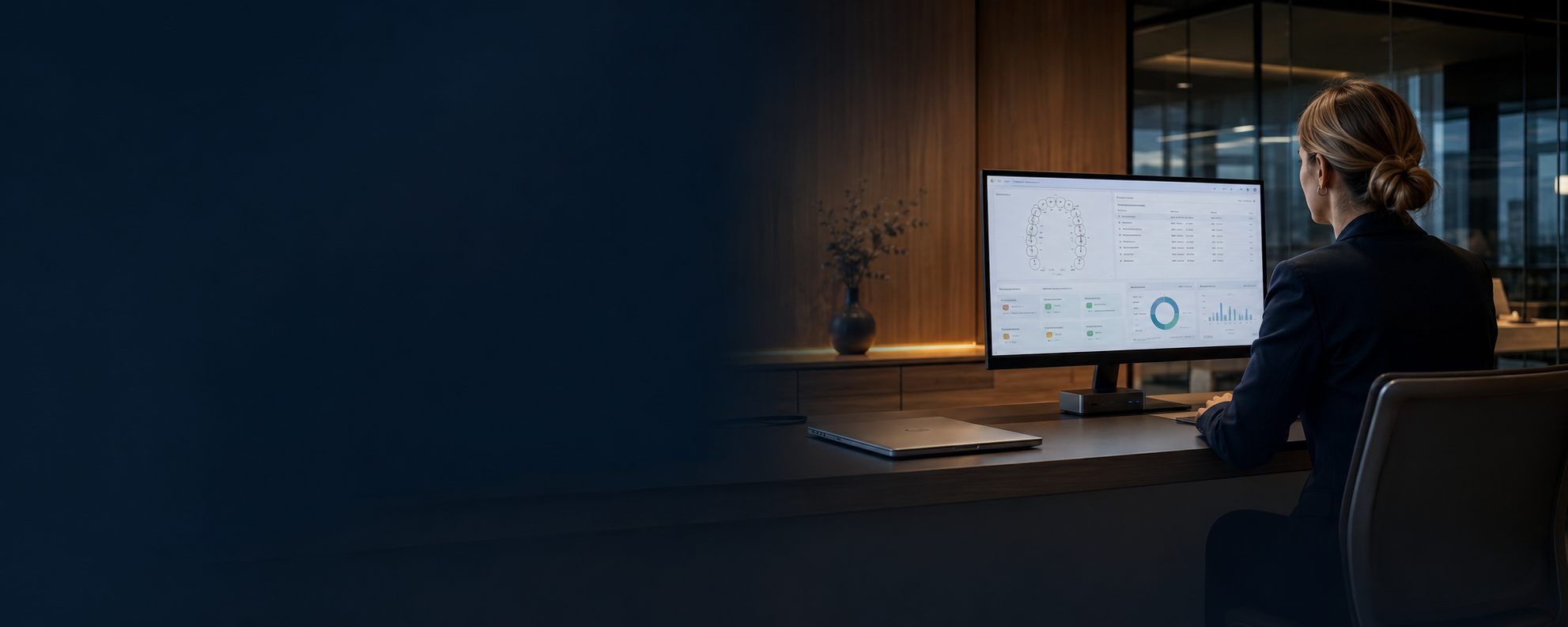 Abrechnungsfachkraft am Arbeitsplatz, auf dem Monitor die Auswertung einer Praxissoftware mit Zahnschema